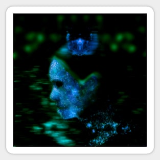 Portrait, digital collage and special processing. Woman in higher state of energy level. Blue and green. Sticker